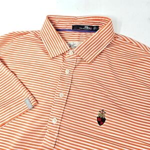 RLX Orange White Striped Polo Men's Size Large Stretch Club Logo On‎ Chest. RLX